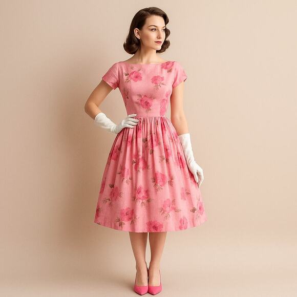 SOLD SOLD SOLD 1950s Jane Parker Vintage Pink Floral Bow Betty Dress - Picture 1 of 12